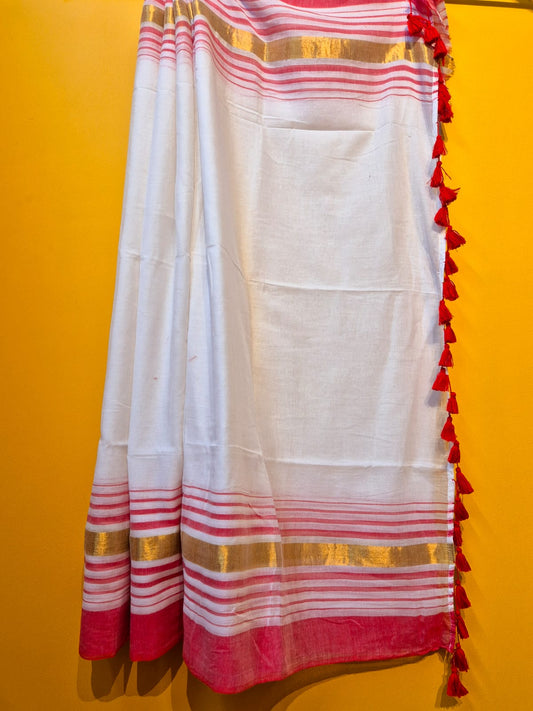 Noor | Red and White Mul Mul Cotton Saree with Golden Zari Border