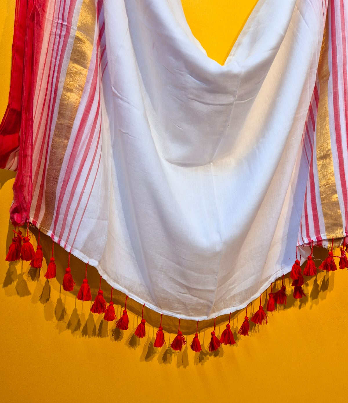 Noor | Red and White Mul Mul Cotton Saree with Golden Zari Border
