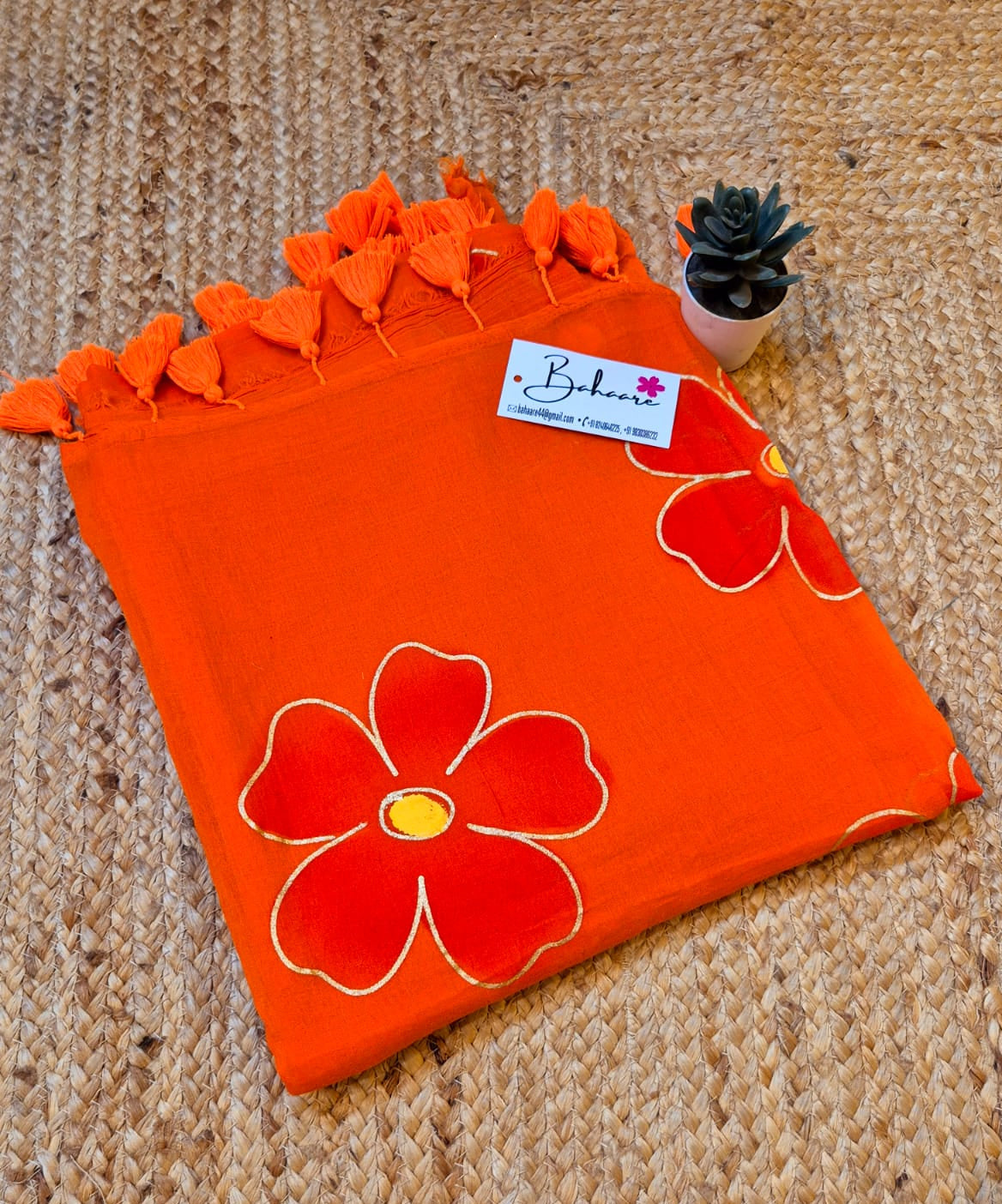 Exotic Zinnia | Red Orange Mul Mul Cotton Saree