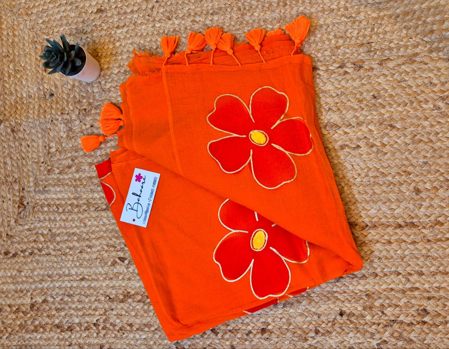Exotic Zinnia | Red Orange Mul Mul Cotton Saree