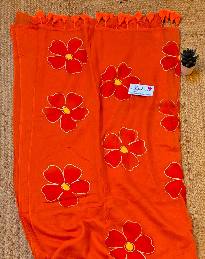 Exotic Zinnia | Red Orange Mul Mul Cotton Saree
