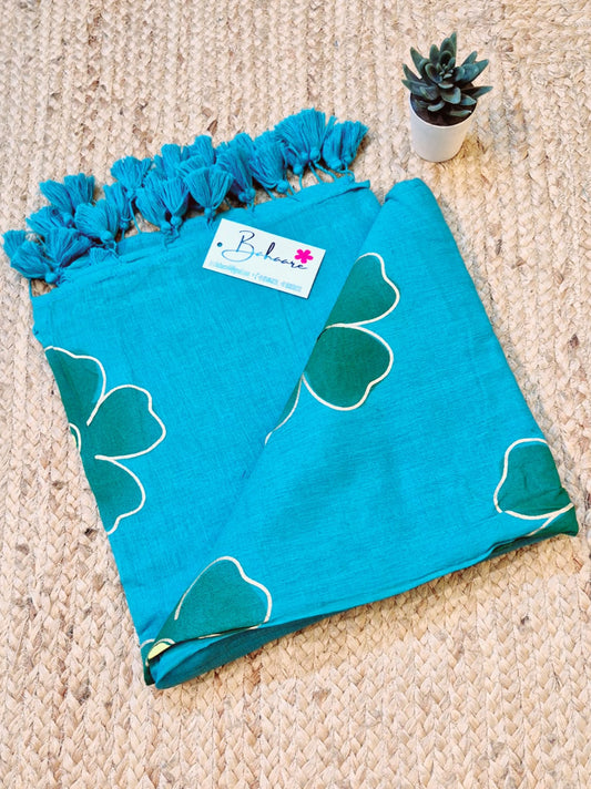 Exotic Zinnia | Peacock Blue Mul Mul Cotton Saree