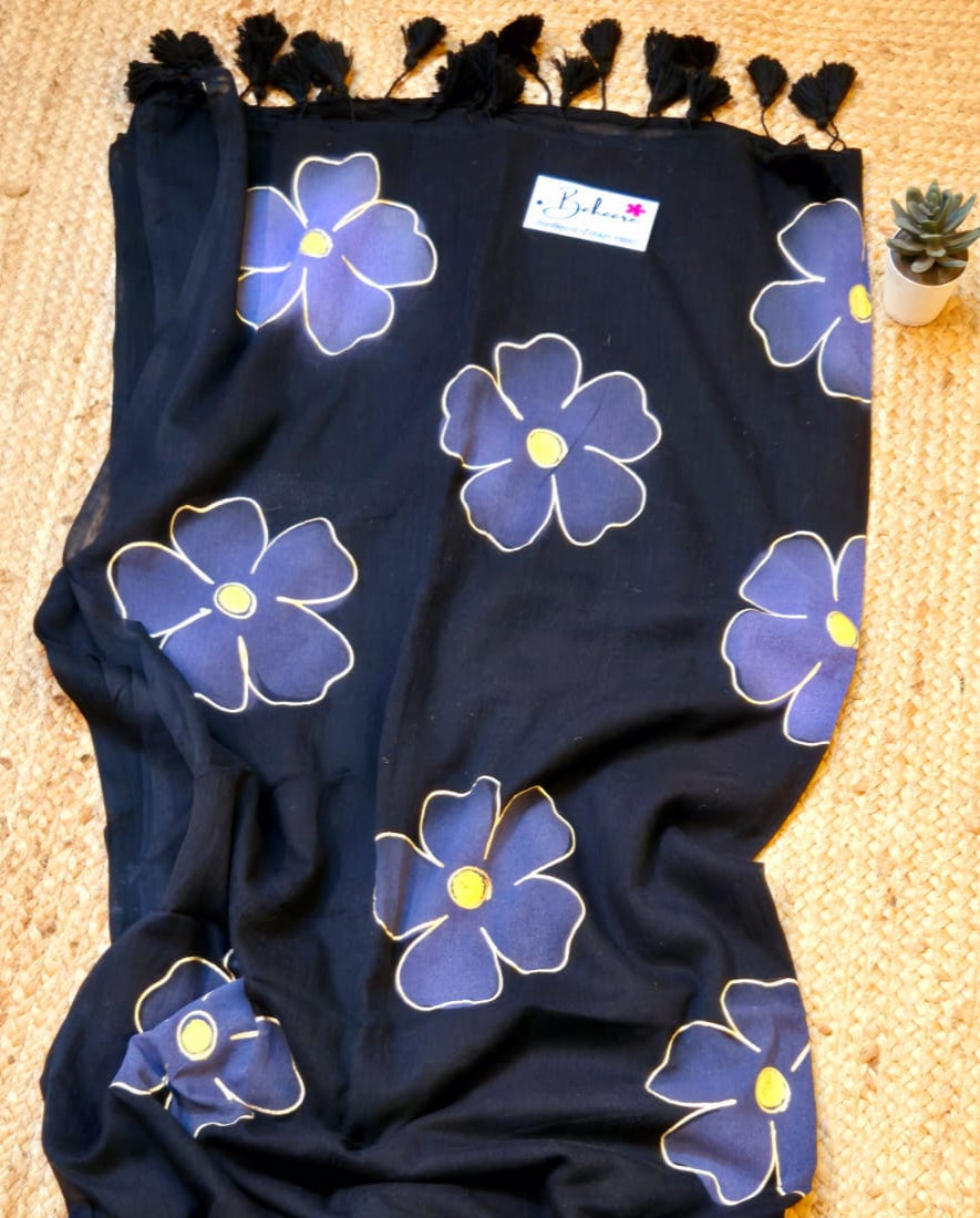 Exotic Zinnia | Ebony Black Mul Mul Cotton Saree