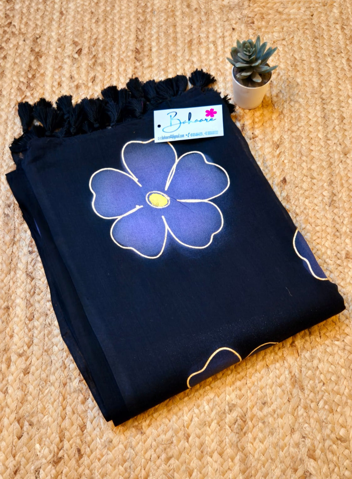 Exotic Zinnia | Ebony Black Mul Mul Cotton Saree