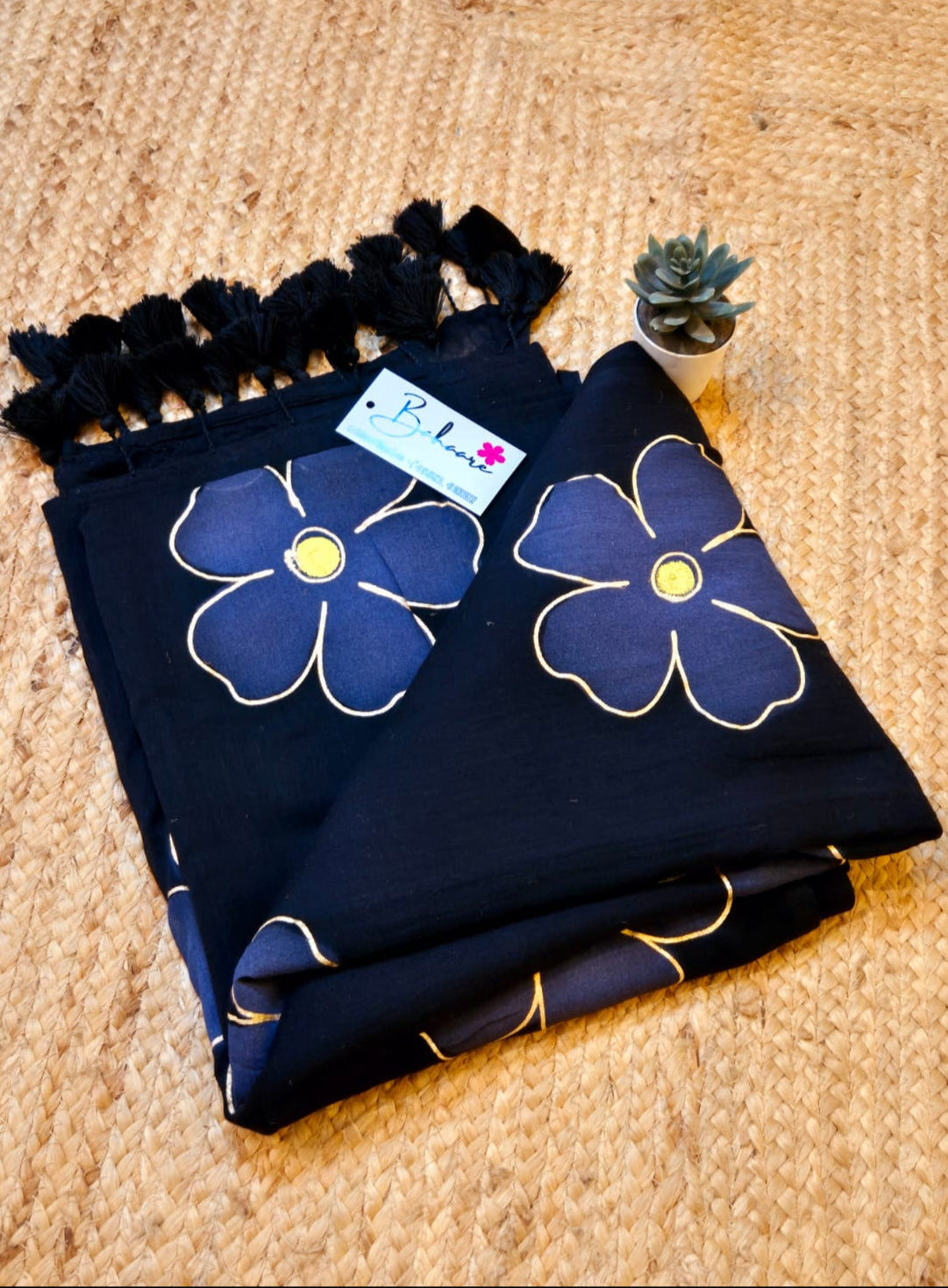 Exotic Zinnia | Ebony Black Mul Mul Cotton Saree