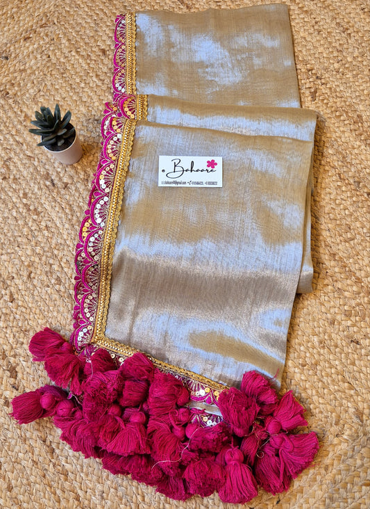 Megha | Breezy Beige Grace Tissue Saree with Tissue Lace