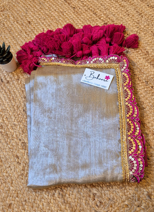 Megha | Breezy Beige Grace Tissue Saree with Tissue Lace