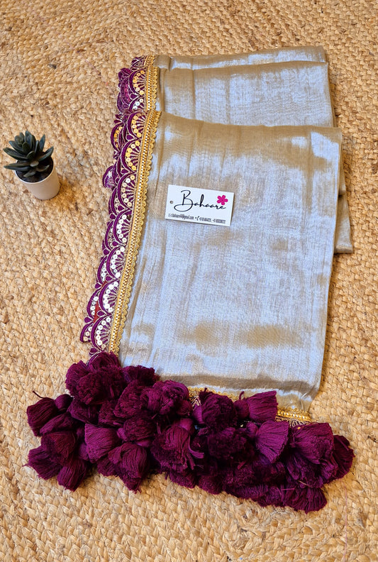 Megha | Honey Beige Grace Tissue Saree with Tissue Lace