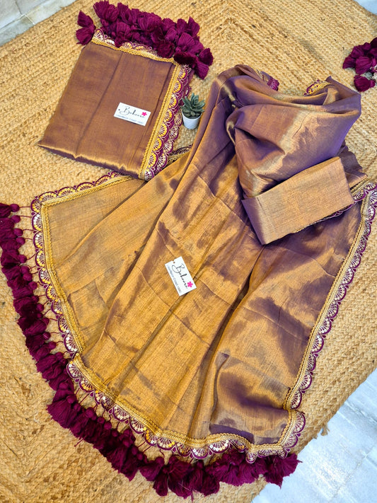 Megha | Metallic Gold Dual Tone Grace Tissue Saree with Tissue Lace