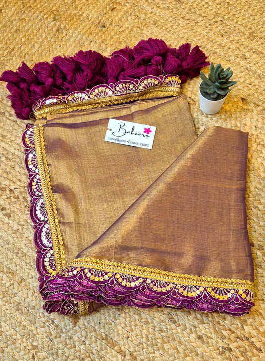 Megha | Metallic Gold Dual Tone Grace Tissue Saree with Tissue Lace
