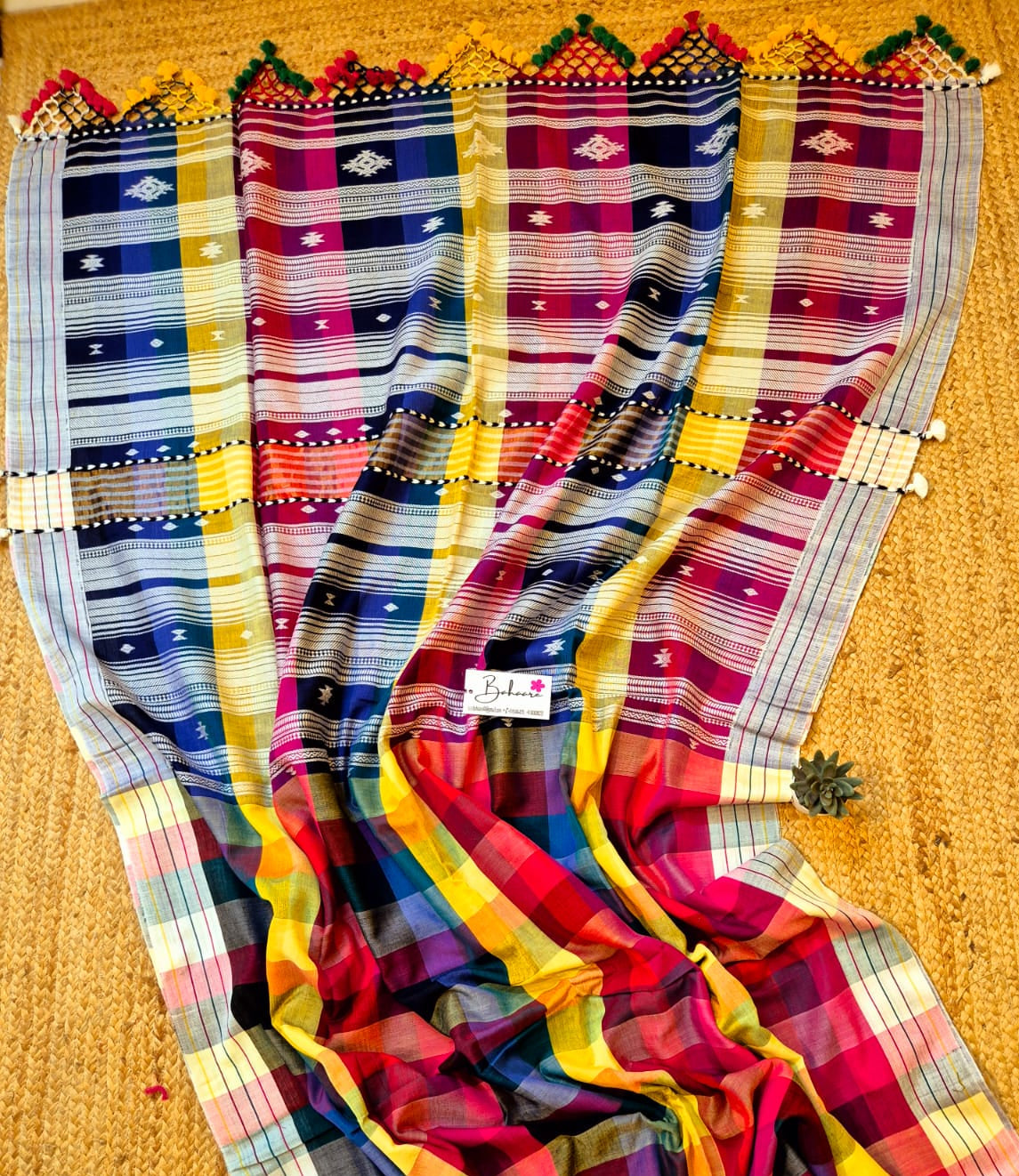 Cotton Galleria | Rainbow Premium Bengal Cotton Bhujodi Saree with Designer Tassels