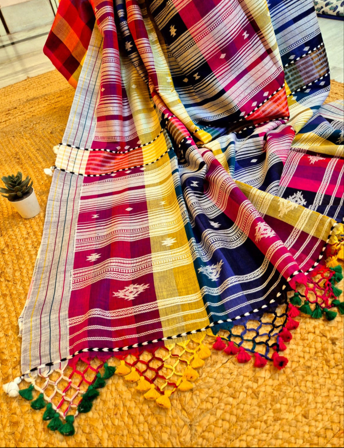 Cotton Galleria | Rainbow Premium Bengal Cotton Bhujodi Saree with Designer Tassels