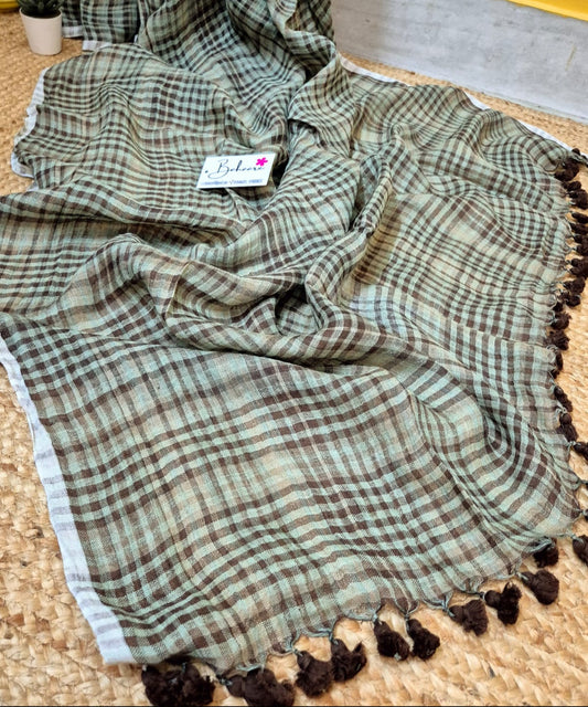 Woodland Whispers | Pista Green Jayshree Linen Saree with Black Check