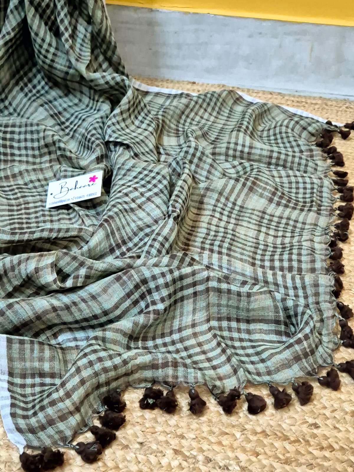 Woodland Whispers | Pista Green Jayshree Linen Saree with Black Check