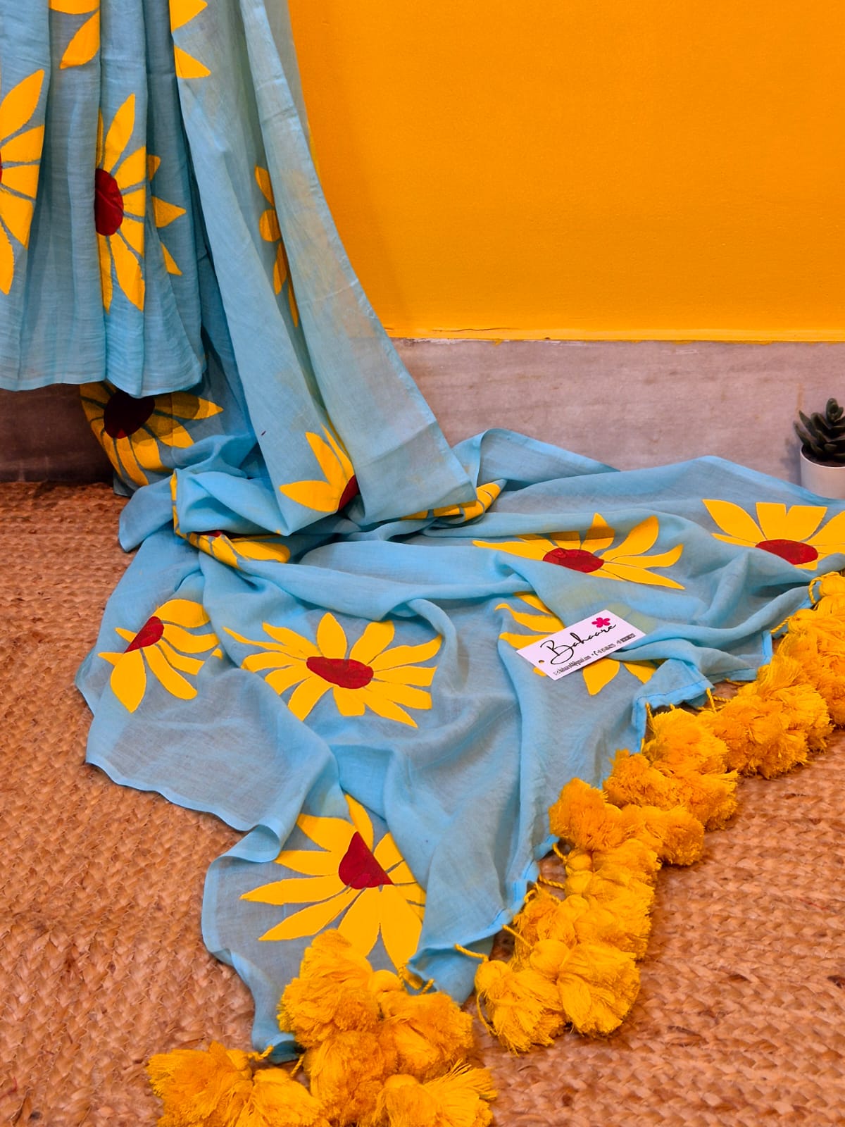Exotic Sunflower | Turquoise Blue Mul Mul Cotton Saree