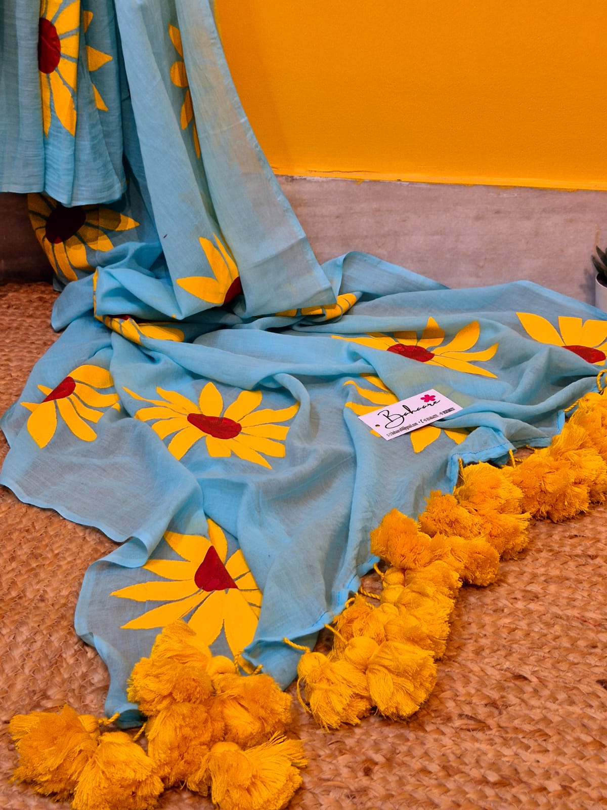 Exotic Sunflower | Turquoise Blue Mul Mul Cotton Saree