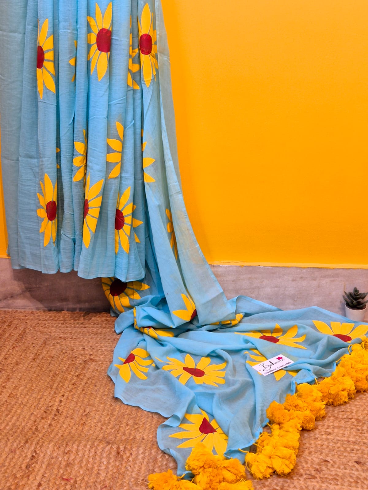 Exotic Sunflower | Turquoise Blue Mul Mul Cotton Saree