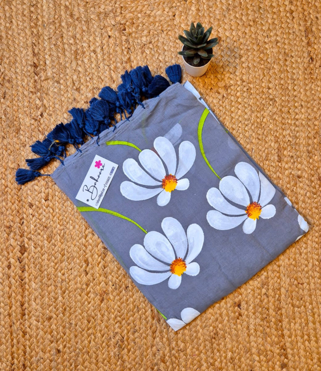 Exotic Floral | Cool Grey Mul Mul Cotton Saree