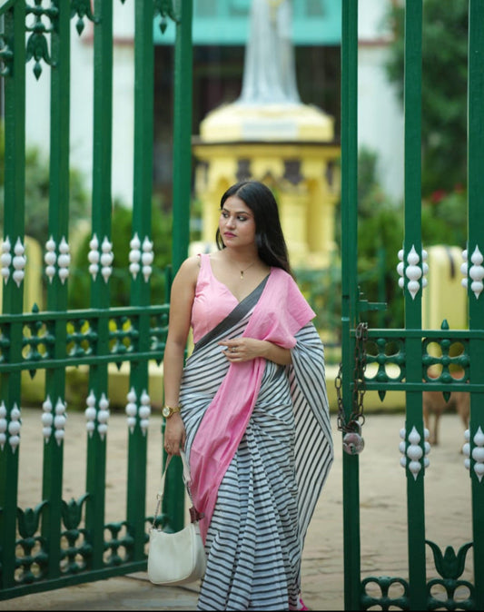 Noor | Black and White Mul Mul Cotton Saree with Pink Border
