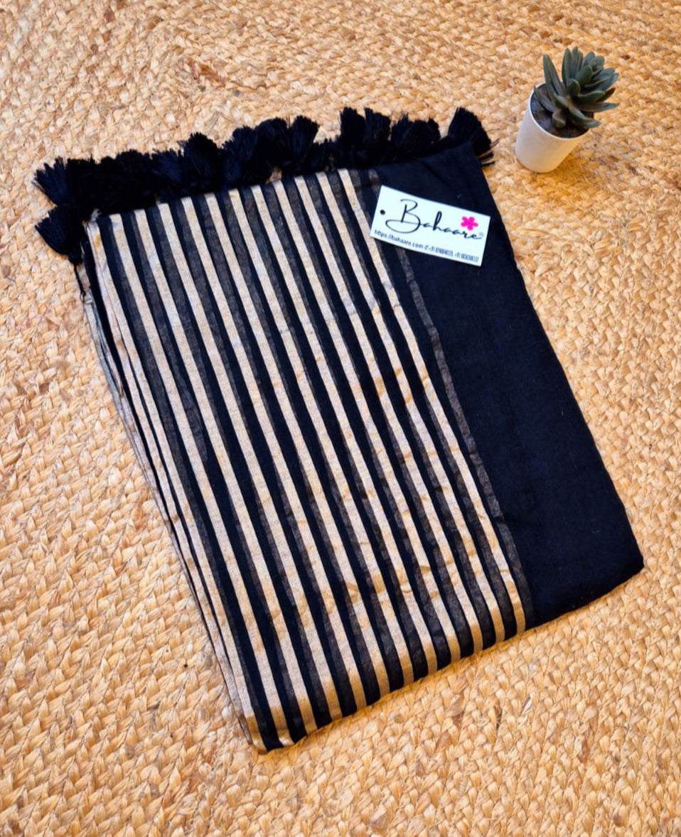 Noor | Onyx Black Mul Mul Cotton Saree with Golden Zari Stripe