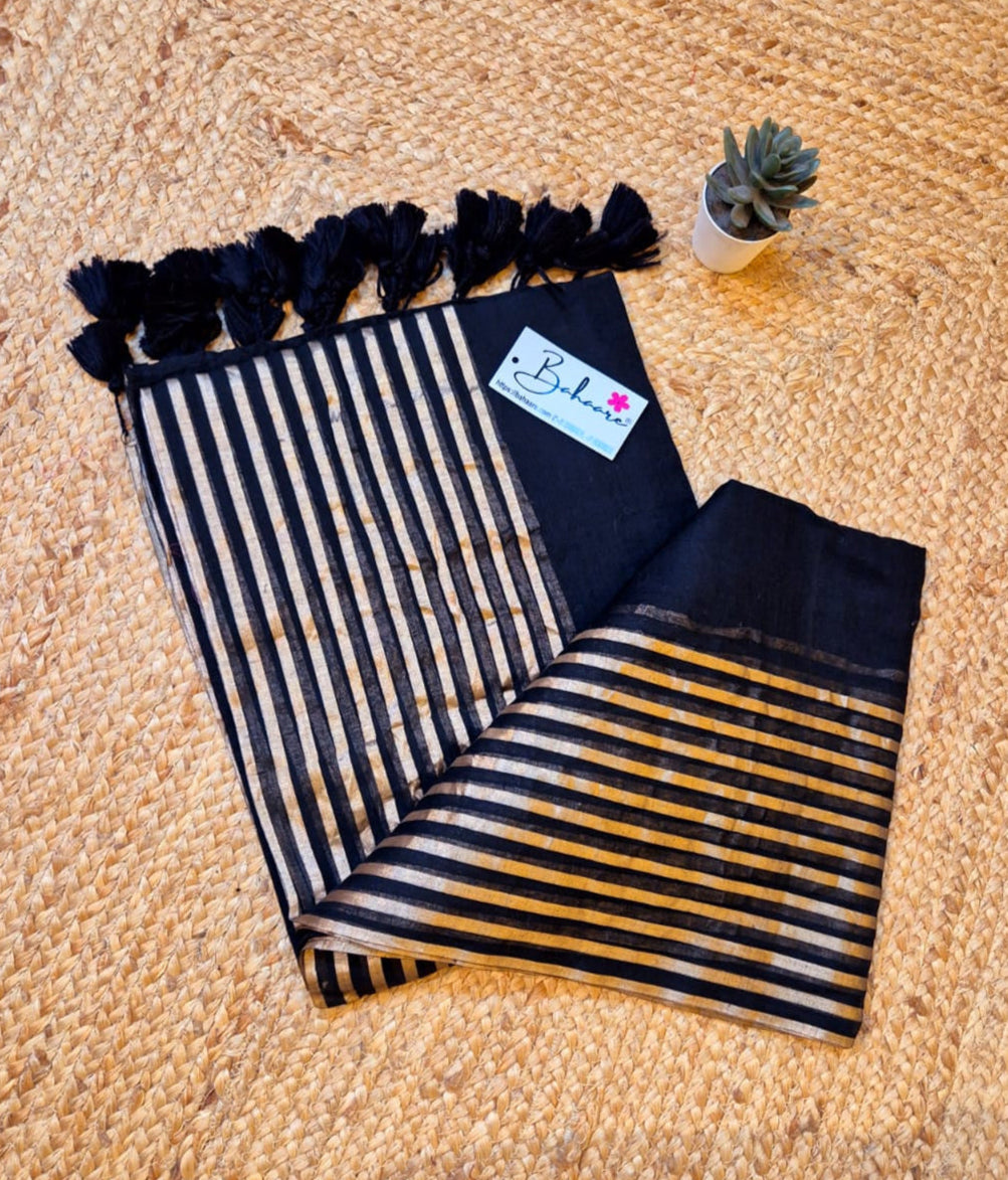 Noor | Onyx Black Mul Mul Cotton Saree with Golden Zari Stripe
