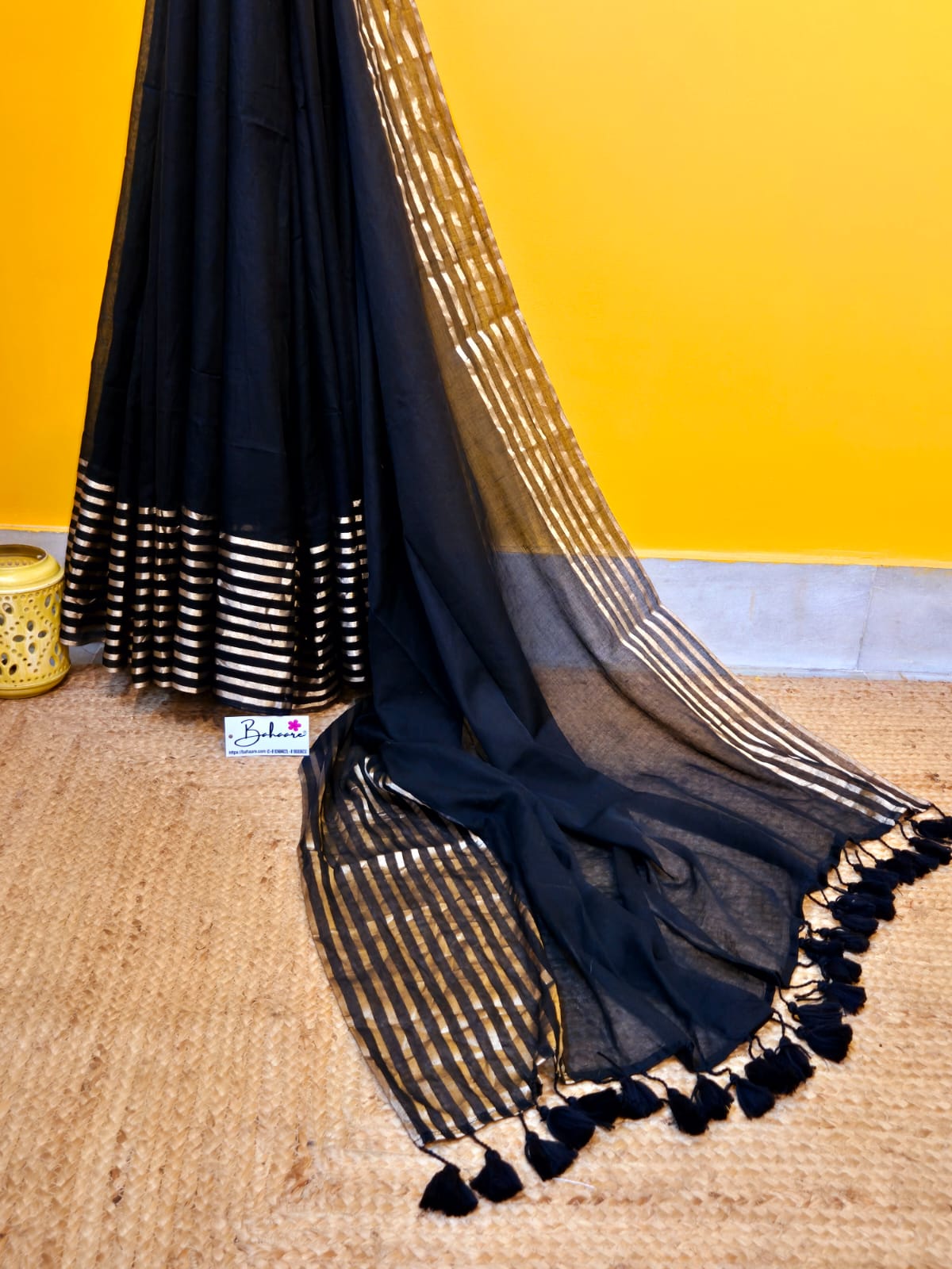 Noor | Onyx Black Mul Mul Cotton Saree with Golden Zari Stripe