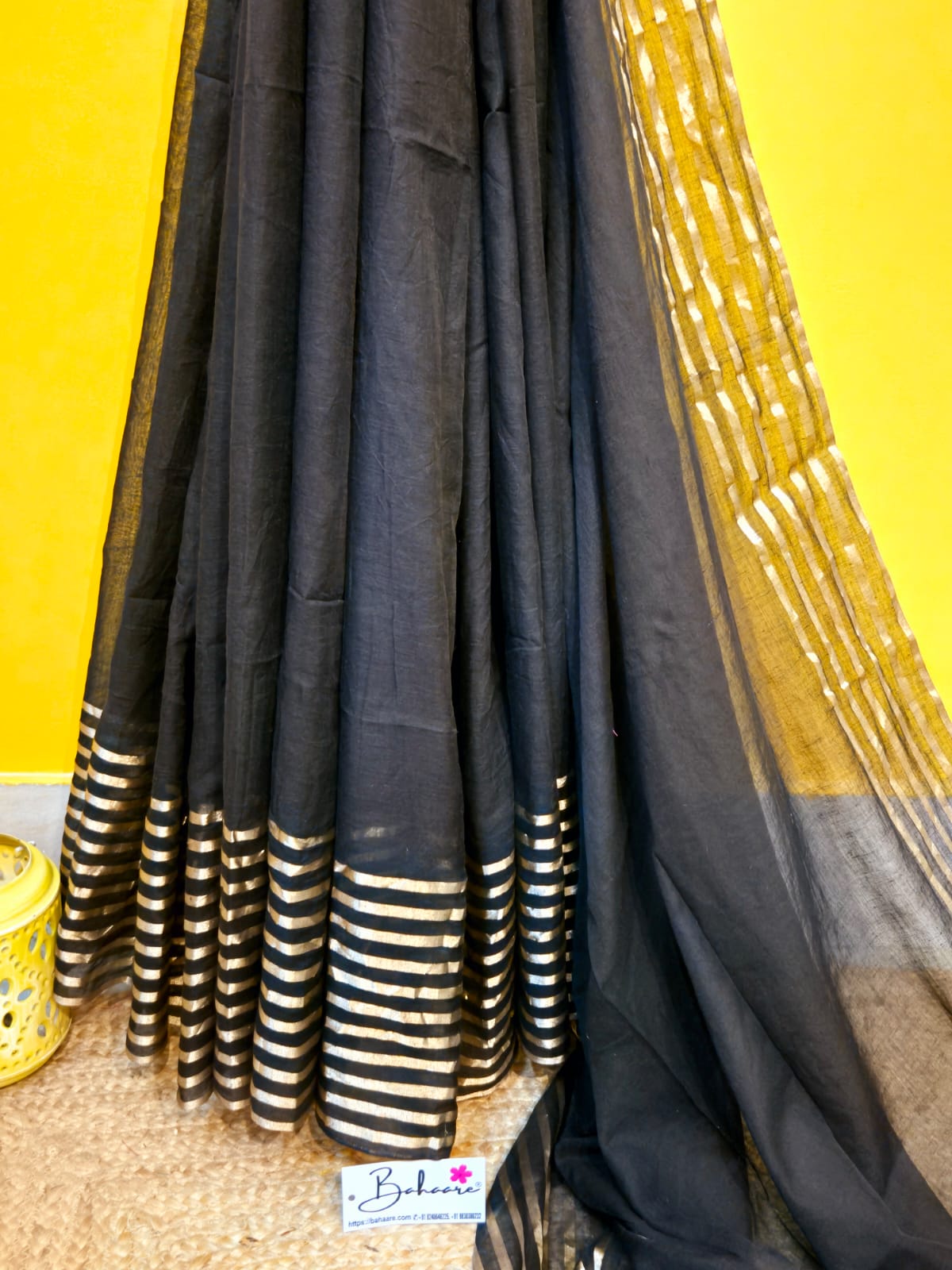 Noor | Onyx Black Mul Mul Cotton Saree with Golden Zari Stripe