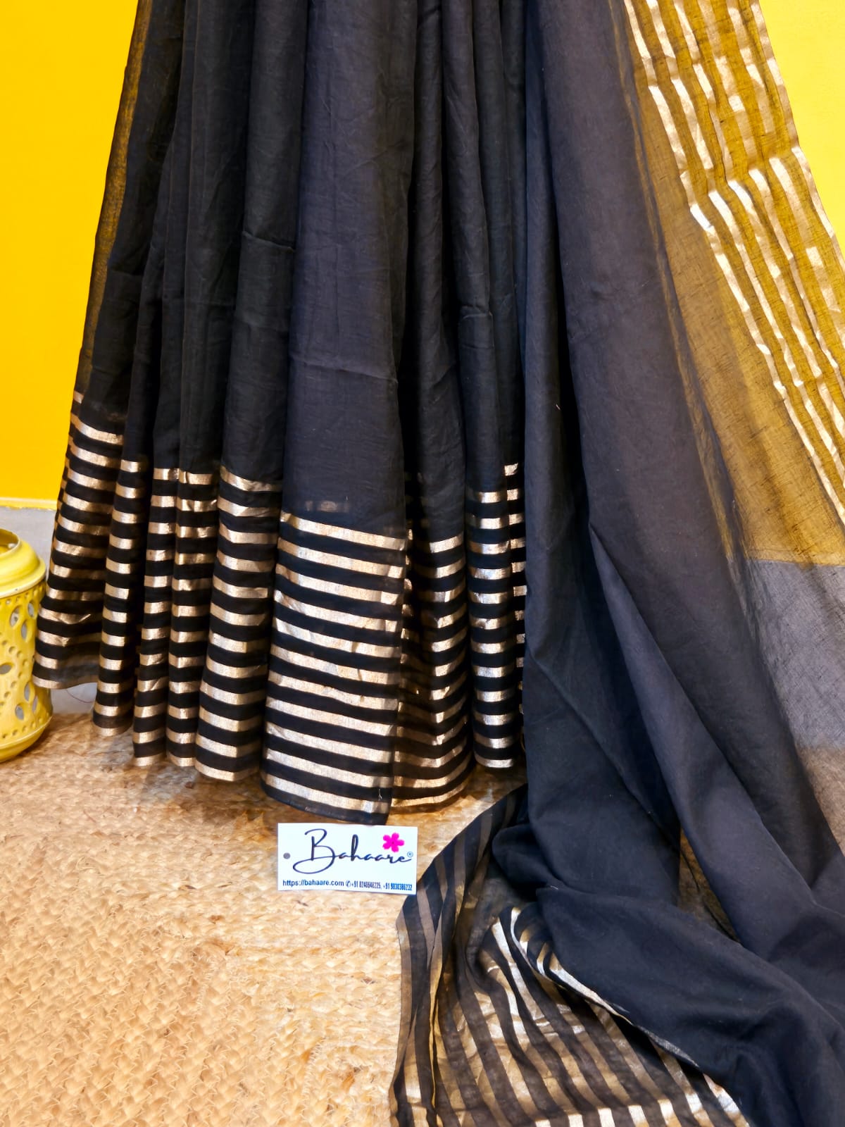 Noor | Onyx Black Mul Mul Cotton Saree with Golden Zari Stripe