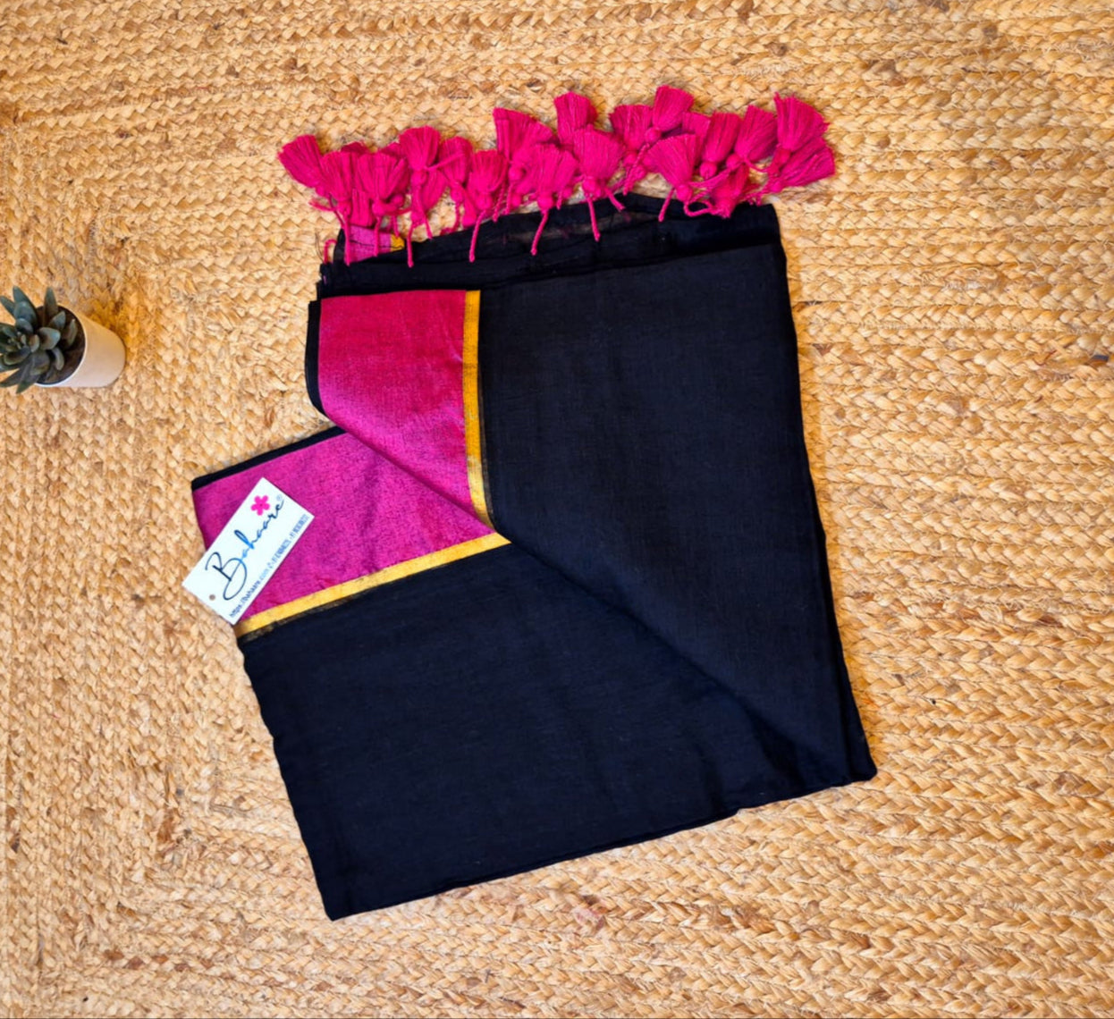 Noor | Dark Black Mul Mul Cotton Saree with Rani Border