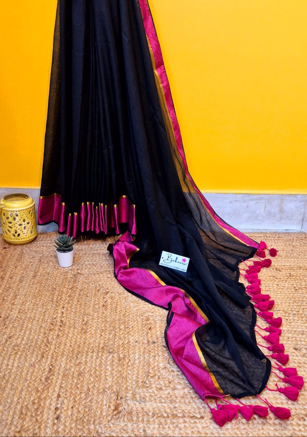 Noor | Dark Black Mul Mul Cotton Saree with Rani Border