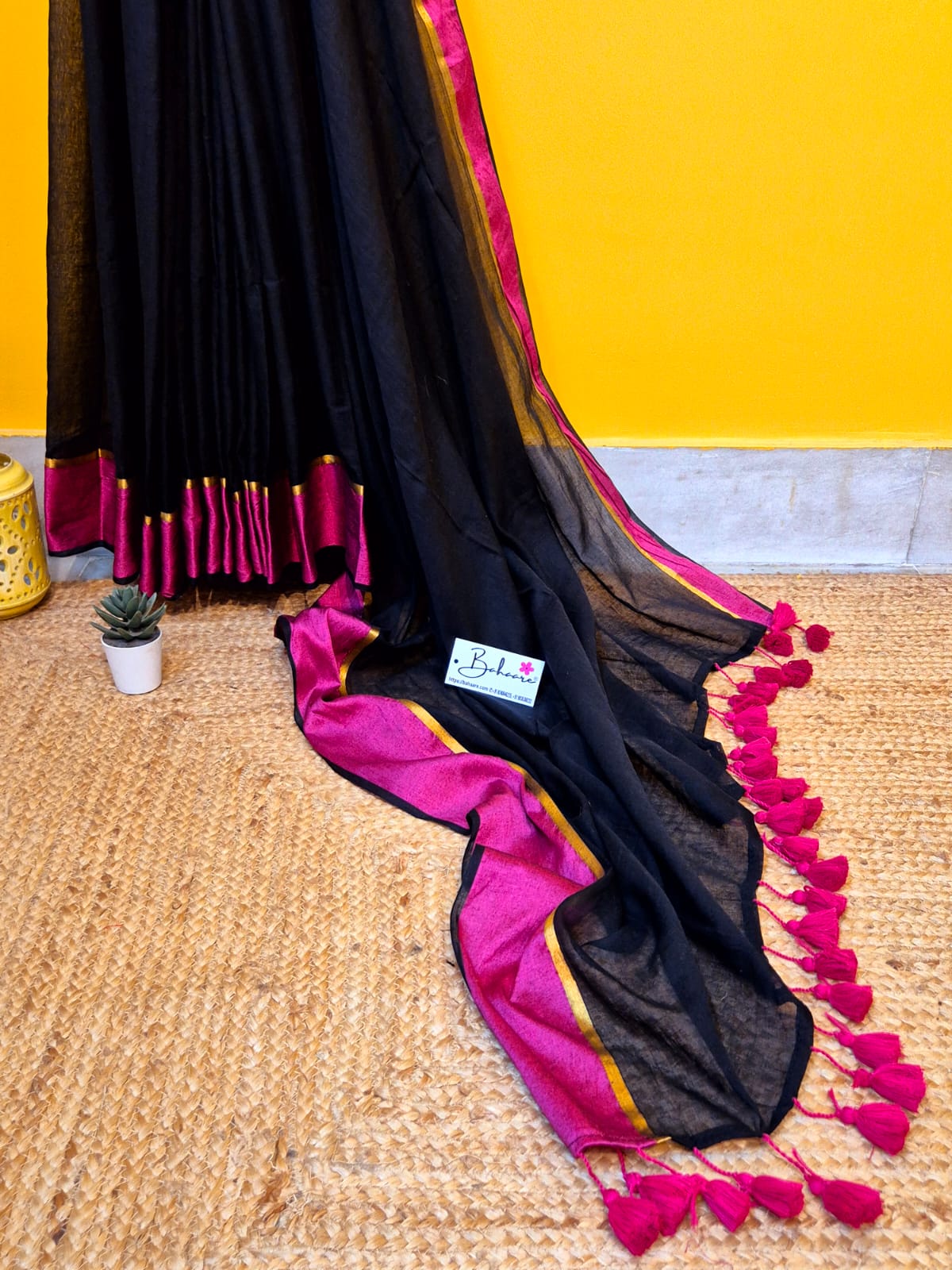 Noor | Dark Black Mul Mul Cotton Saree with Rani Border