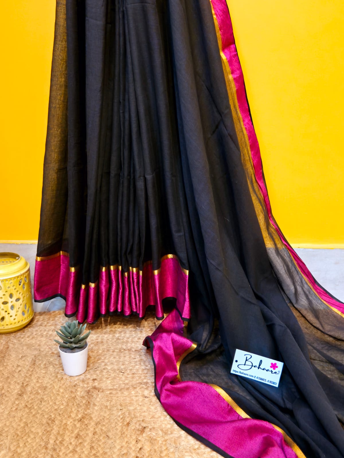 Noor | Dark Black Mul Mul Cotton Saree with Rani Border