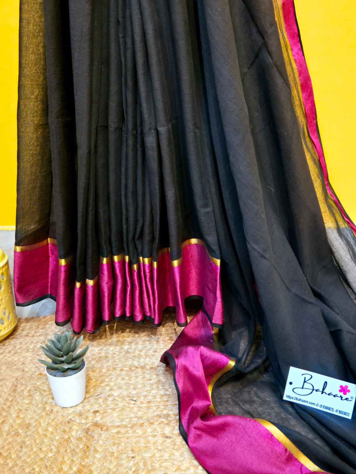 Noor | Dark Black Mul Mul Cotton Saree with Rani Border