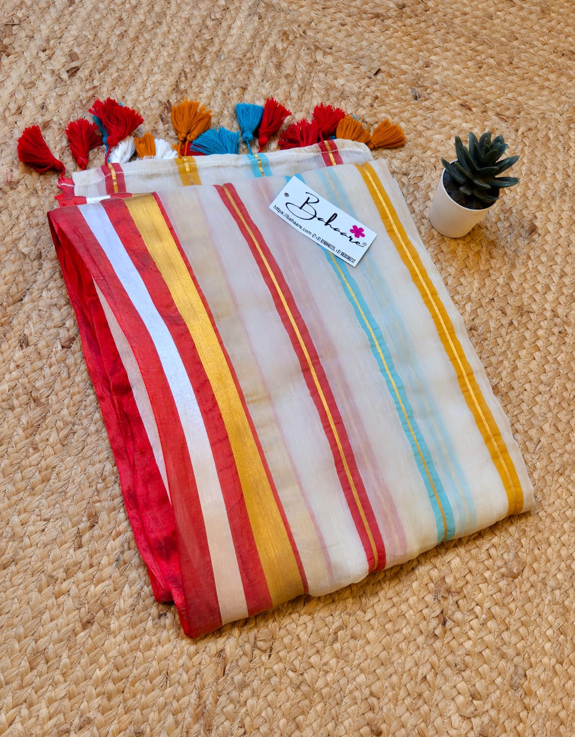 Mohini | Butter Beige Mul Mul Cotton Saree with Multicoloured Zari Stripe