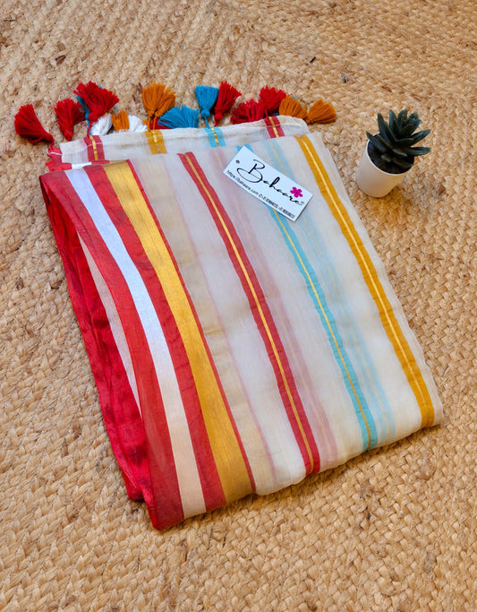 Mohini | Butter Beige Mul Mul Cotton Saree with Multicoloured Zari Stripe