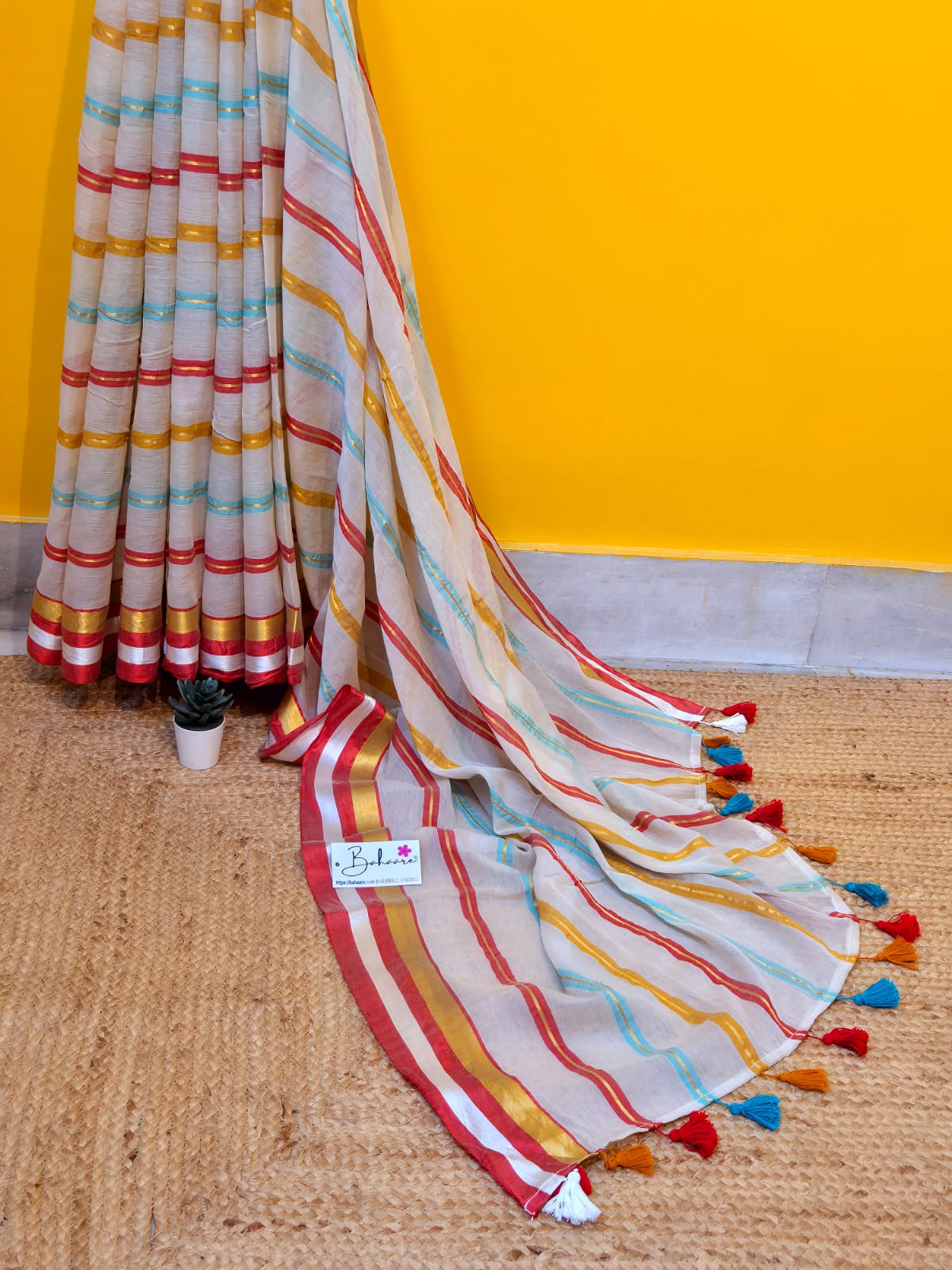 Mohini | Butter Beige Mul Mul Cotton Saree with Multicoloured Zari Stripe