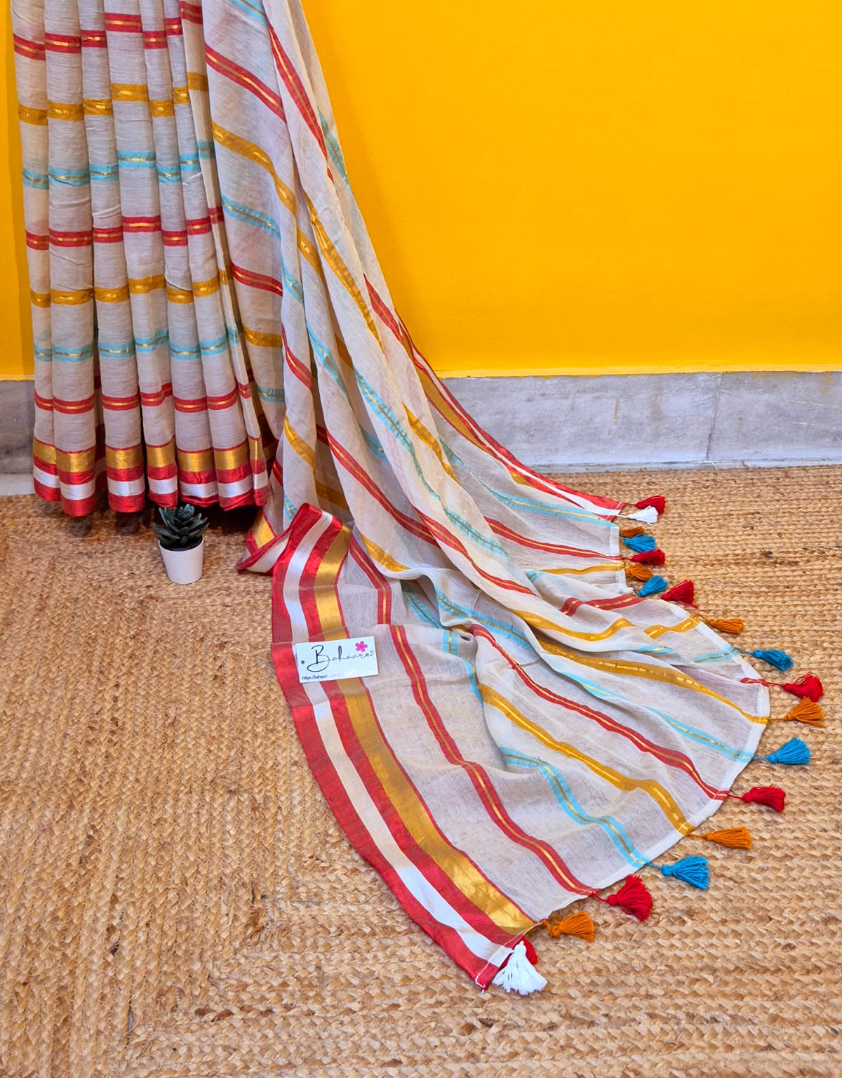 Mohini | Butter Beige Mul Mul Cotton Saree with Multicoloured Zari Stripe
