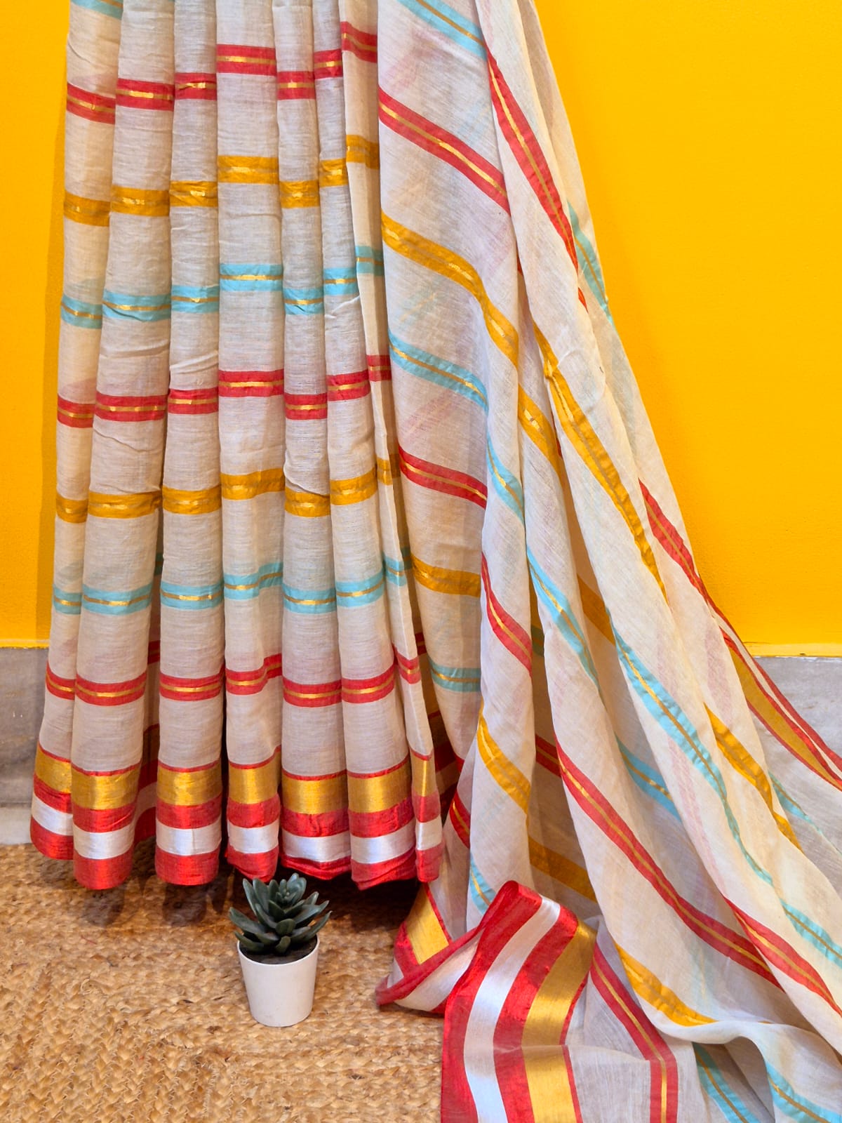 Mohini | Butter Beige Mul Mul Cotton Saree with Multicoloured Zari Stripe