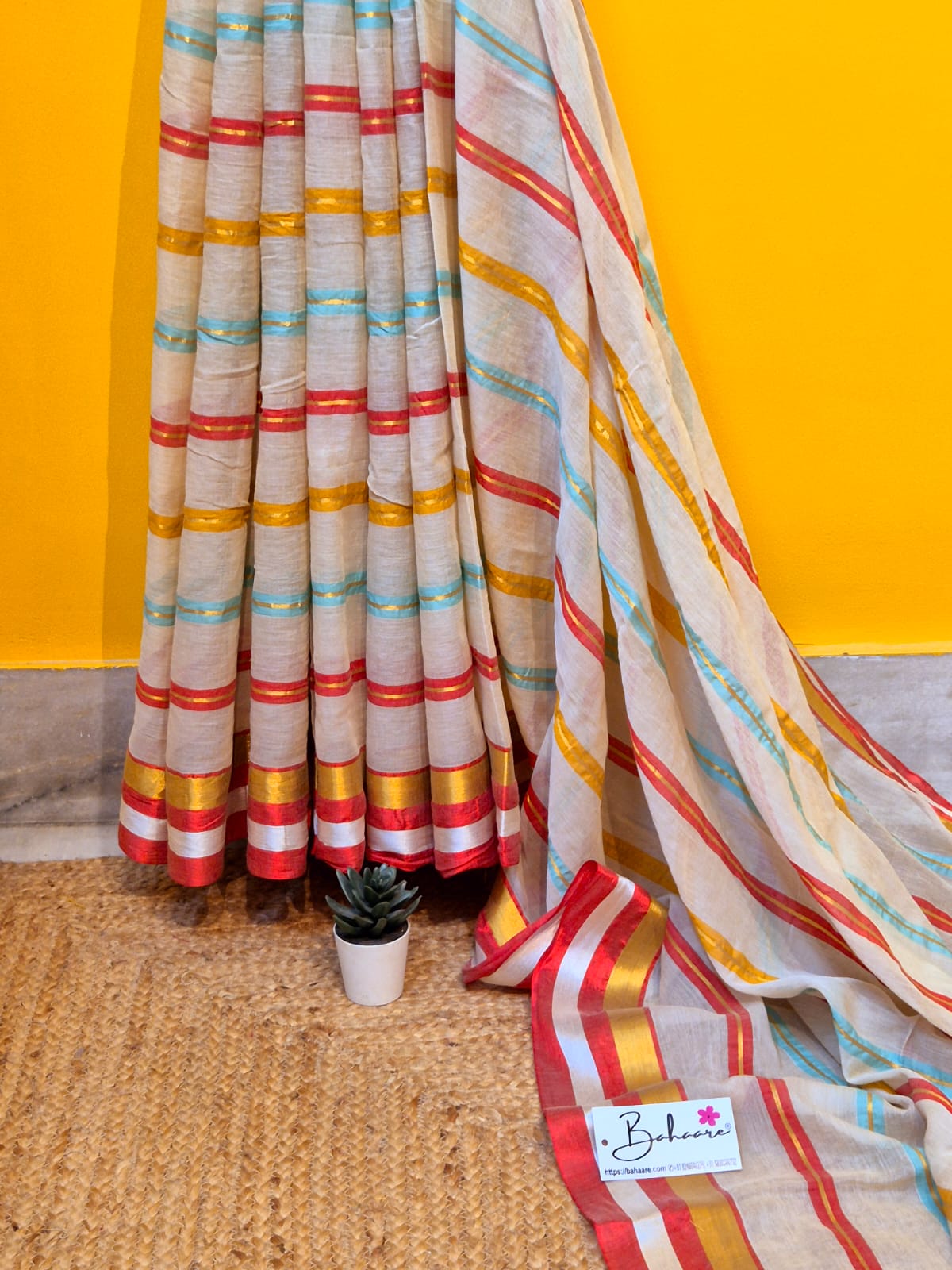 Mohini | Butter Beige Mul Mul Cotton Saree with Multicoloured Zari Stripe
