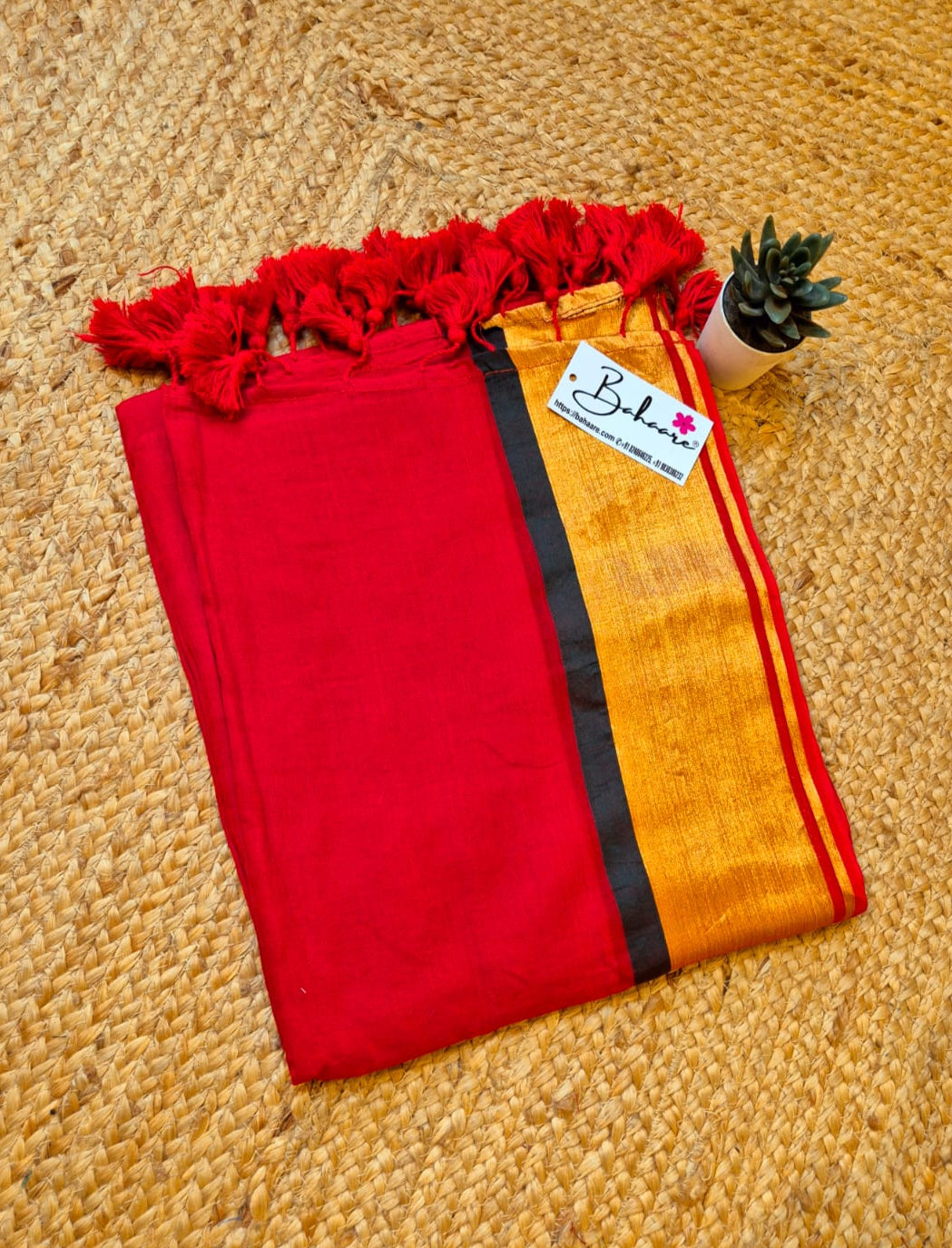 Noor | Chilli Red Mul Mul Cotton Saree with Golden Zari Border