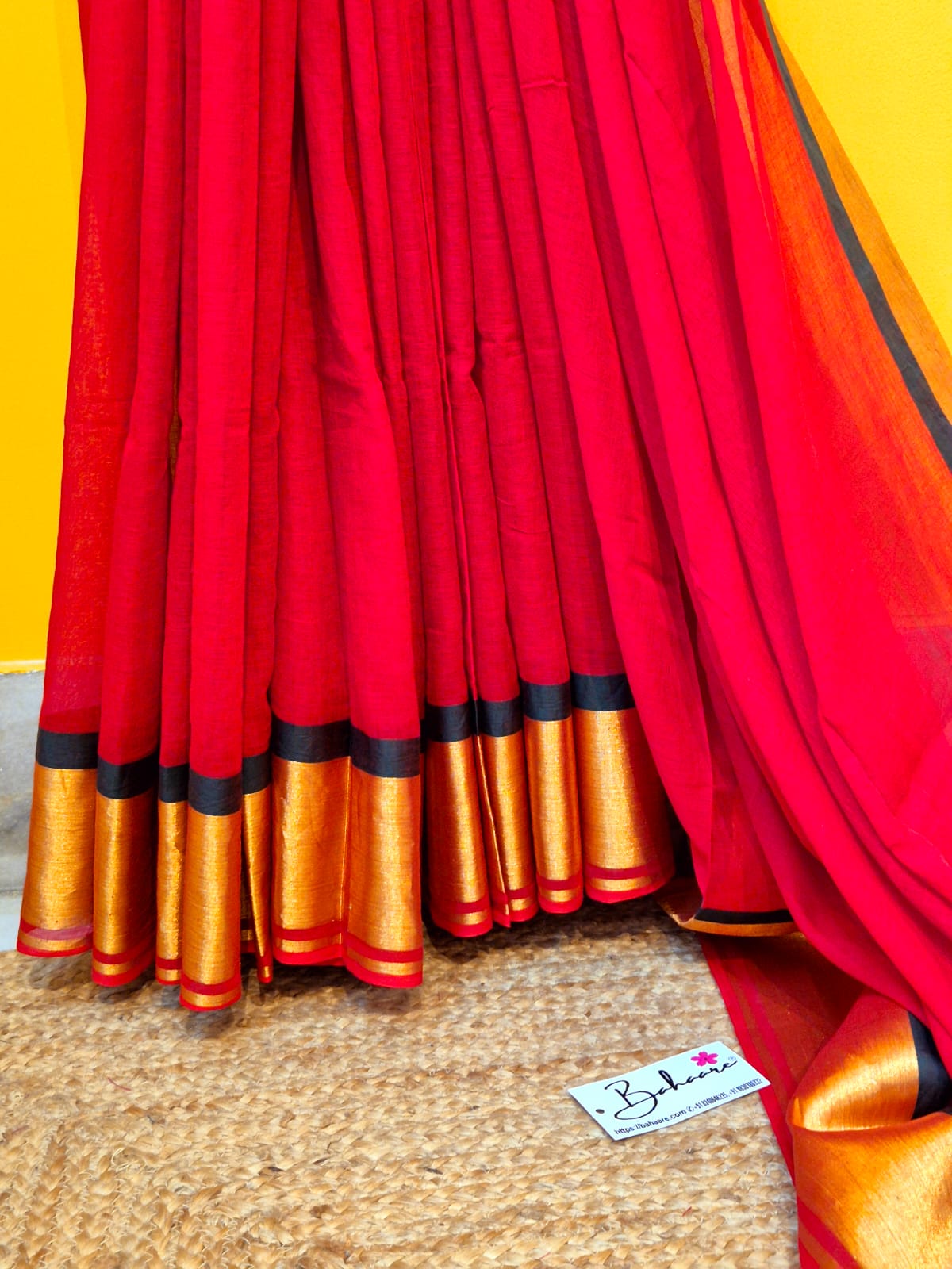 Noor | Chilli Red Mul Mul Cotton Saree with Golden Zari Border