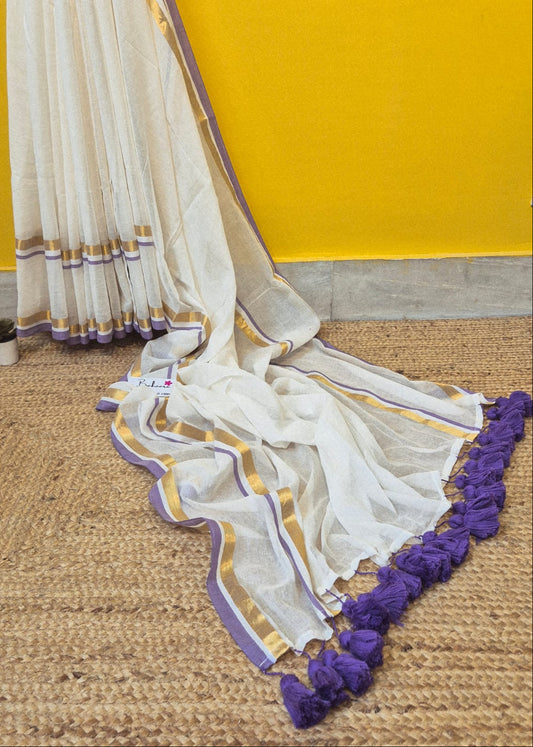 Mohini | Vanilla White Mul Mul Cotton Saree with Lavender Golden Zari Border