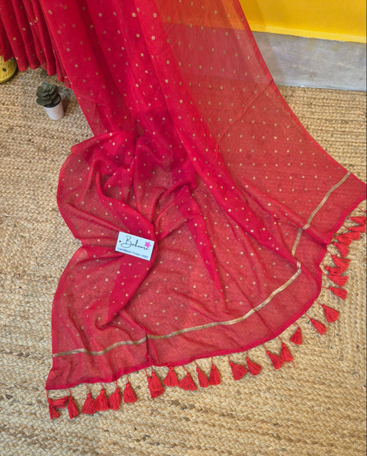 Polka Passion | Red Mul Mul Cotton Saree with Golden Polka Dots