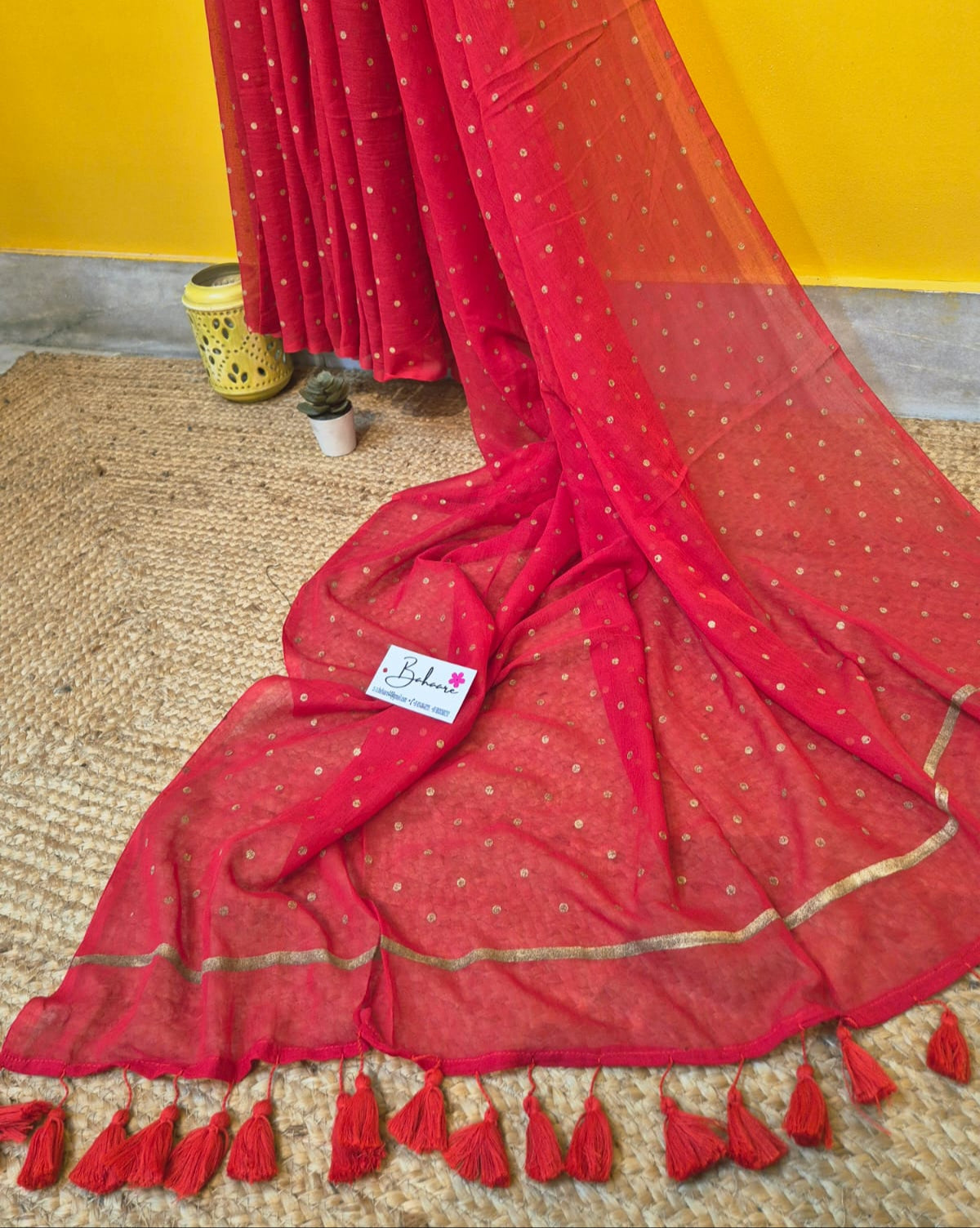 Polka Passion | Red Mul Mul Cotton Saree with Golden Polka Dots