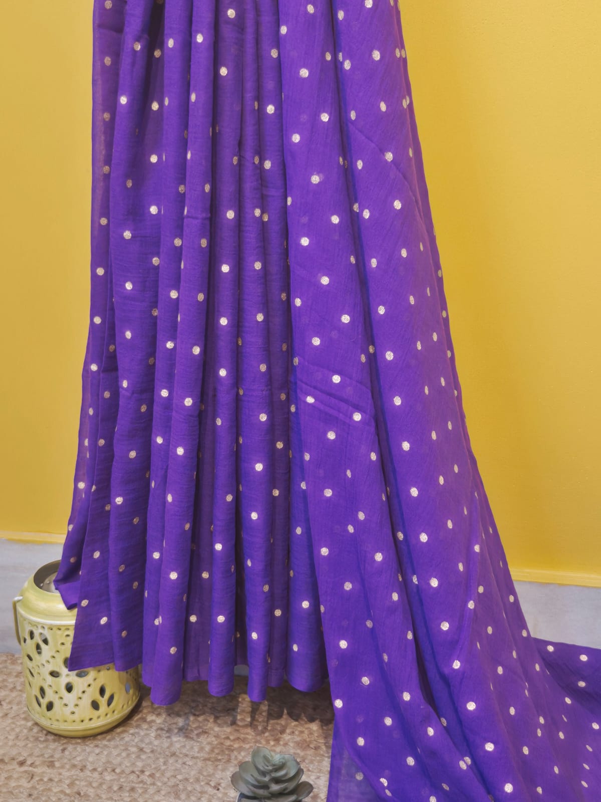 Polka Passion | Purple Mul Mul Cotton Saree with Golden Polka Dots