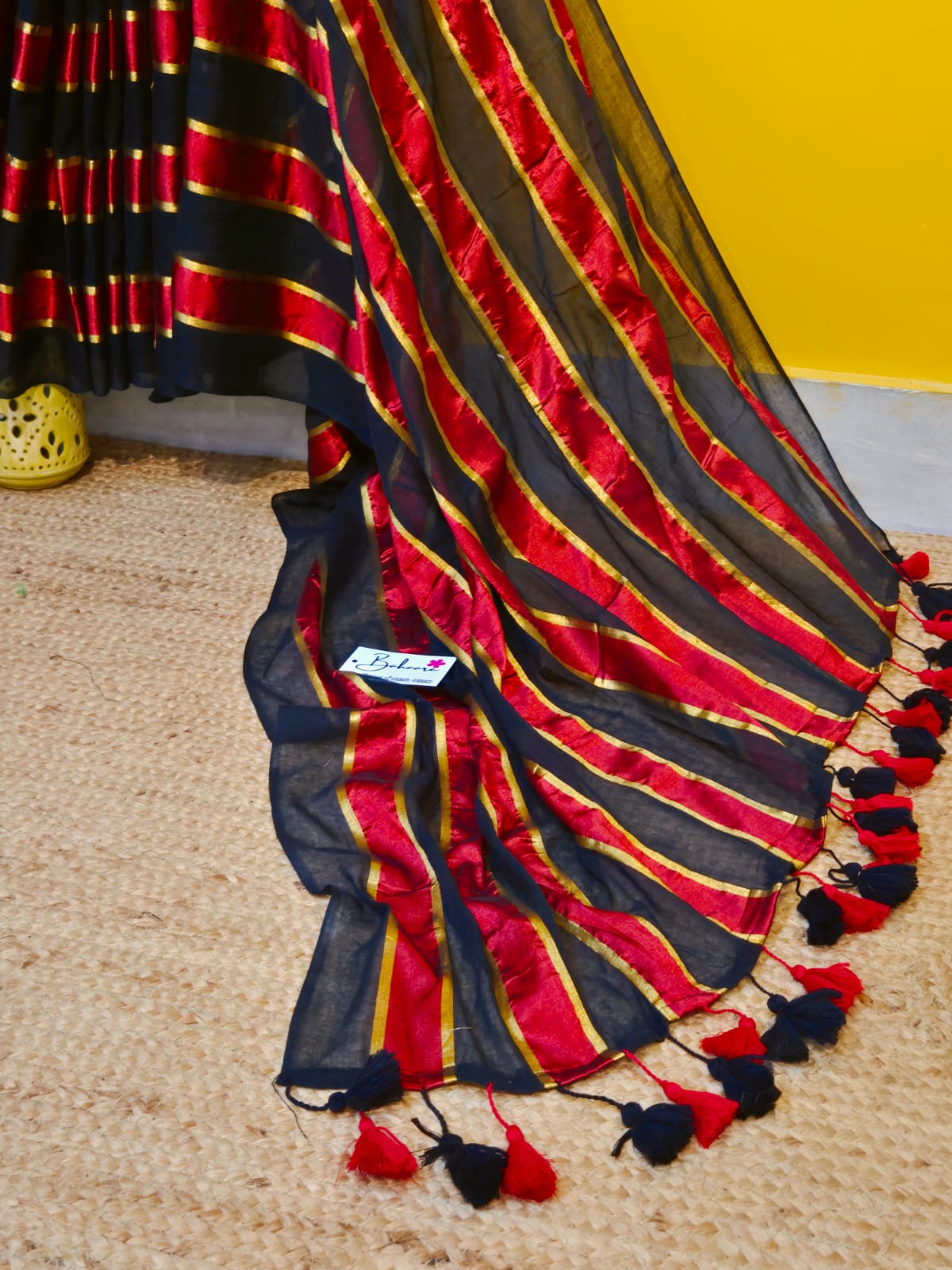Noor | Party Black and Ruby Red Mul Mul Cotton Saree with Golden Zari Stripe