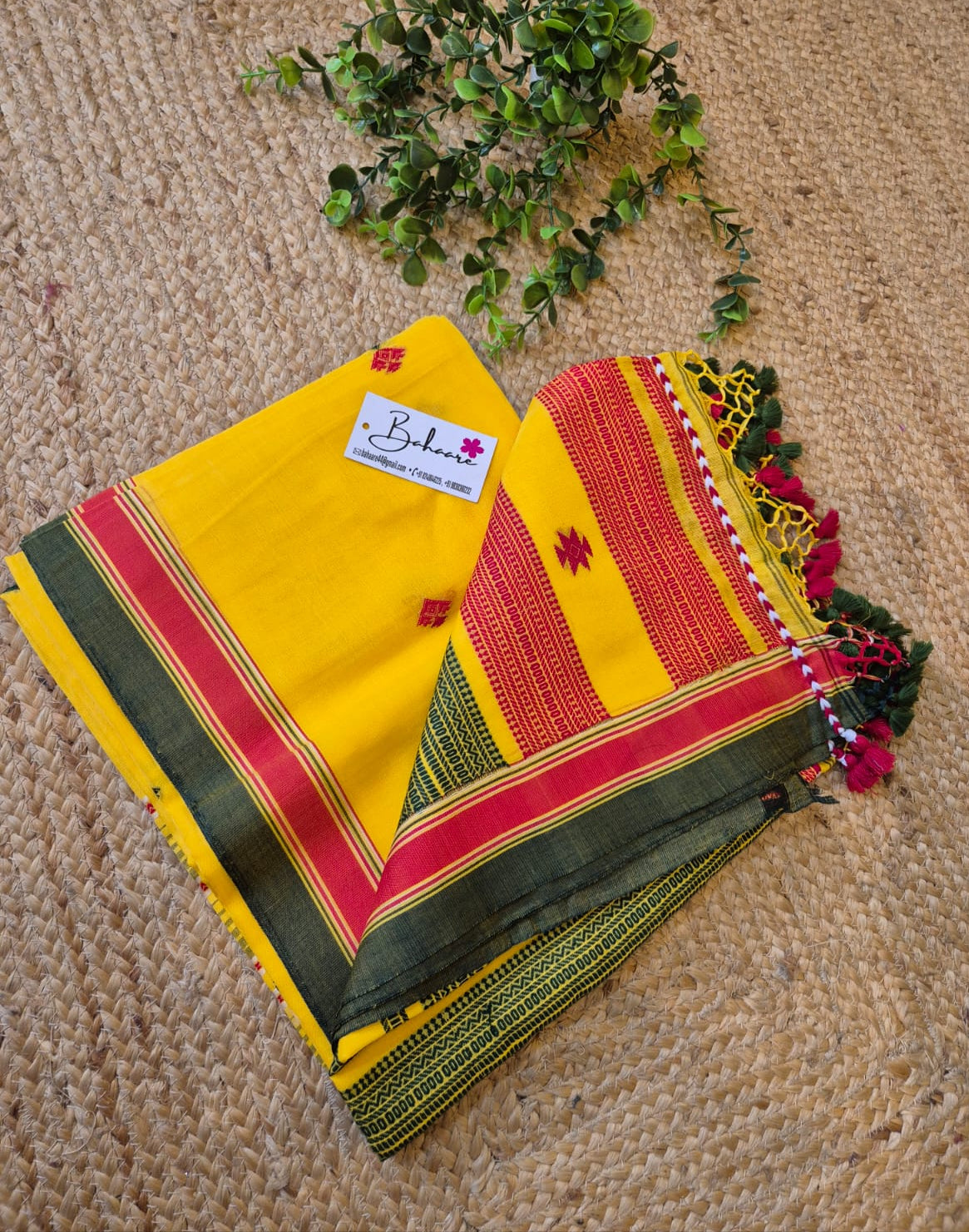 Cotton Galleria | Golden Yellow Premium Bengal Cotton Bhujodi Saree with Designer Tassels