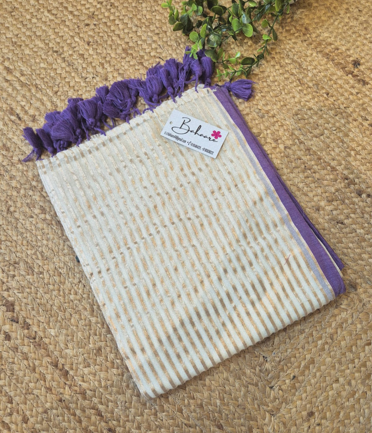 Noor | Cosmic Latte Mul Mul Cotton Saree with Golden Zari Stripe