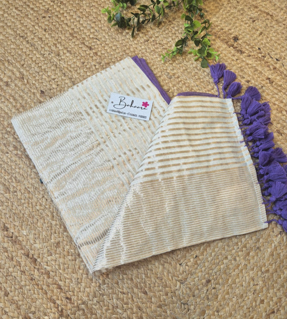 Noor | Cosmic Latte Mul Mul Cotton Saree with Golden Zari Stripe