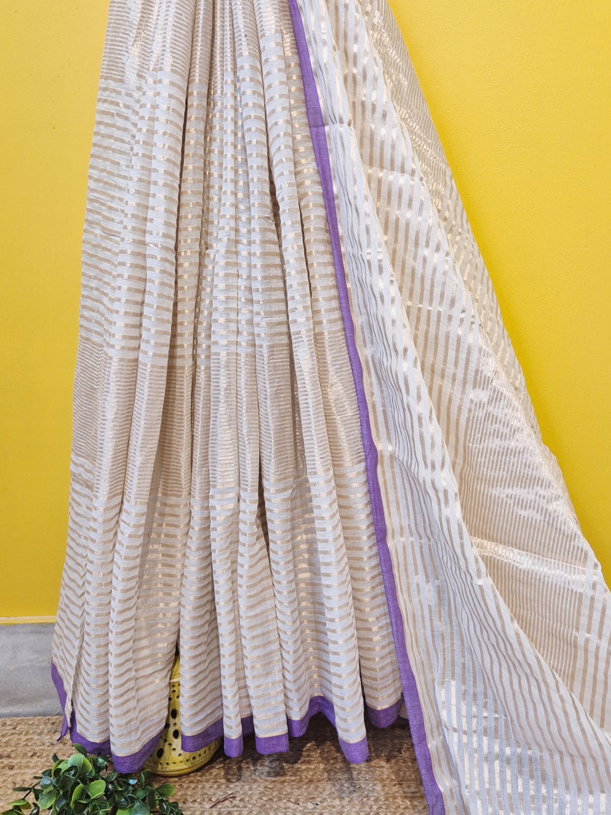 Noor | Cosmic Latte Mul Mul Cotton Saree with Golden Zari Stripe